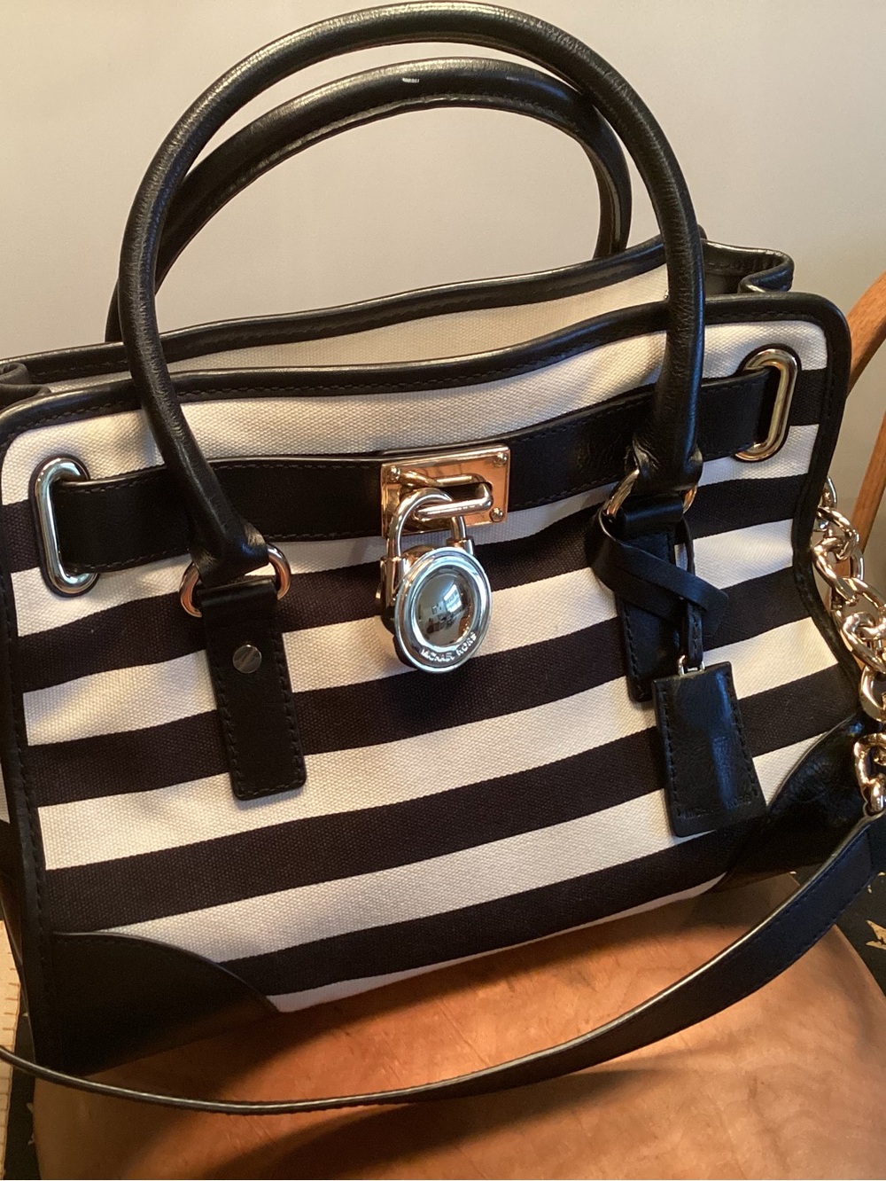 Michael Kors Black & Cream Striped Satchel with Gold Hardware